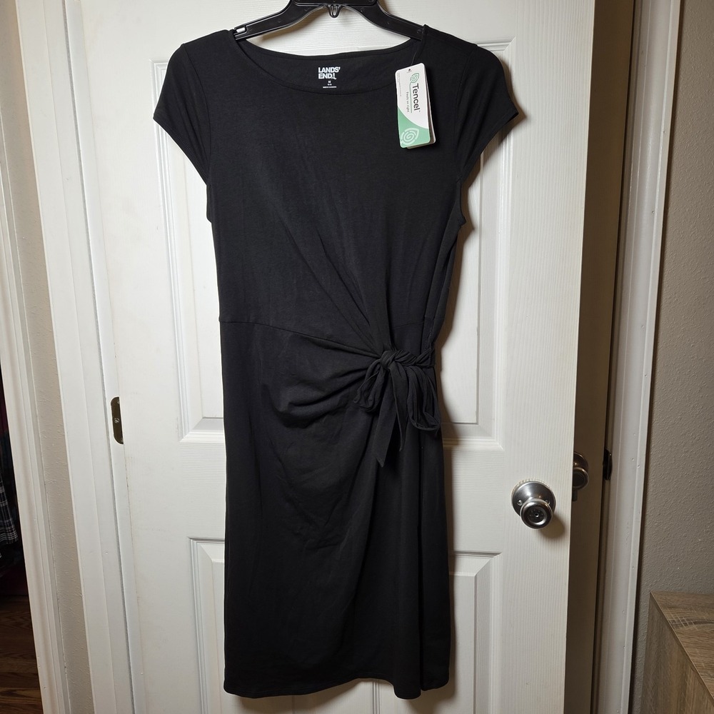 Land's End sz M 10-12 black ss tencel dress NWT tie front accent basic casual